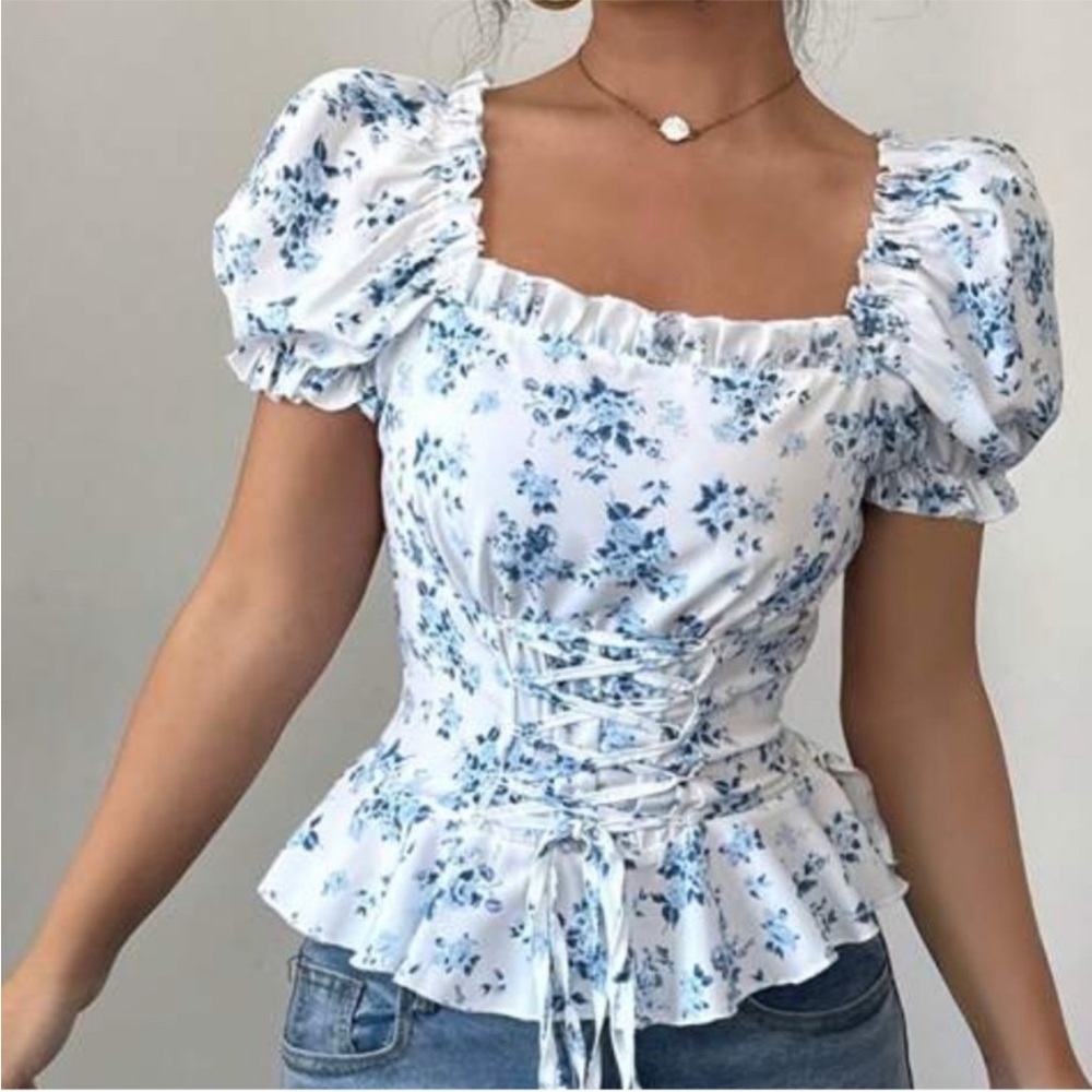 Floral Blue Puff Sleeve Top